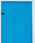 Heavy Duty Extended T Shape Gate Hinges With Slotted Bearing for outdoor gates on a blue door, black finish, 4 inch, iron.