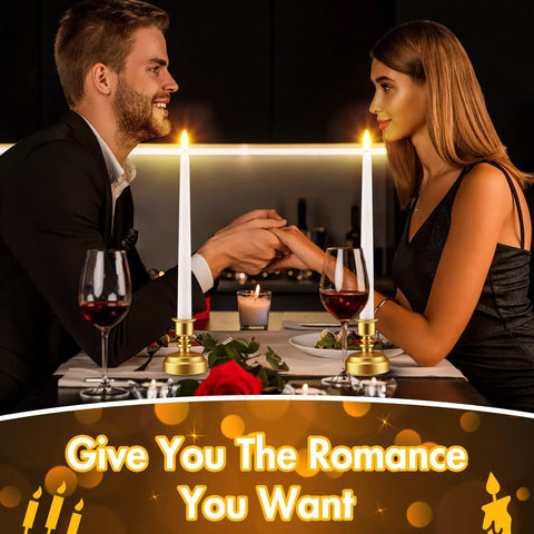 Couple at dinner with 24 Pack Flameless Taper Candles With Remote Control And Timer Realistic 3D Flickering LED Flame White Tapers With Gold Bases Battery Operated For Holidays Weddings And Home Decor.