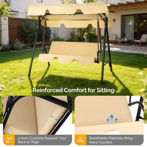 Outdoor Porch Swing With Adjustable Canopy And Heavy Duty Stand, Powder Coated Steel Frame Glider, Beige Cushions