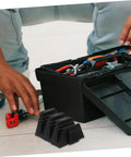 12 Piece Modular Wrench Organizer Tray for Garage and Workshop with durable plastic construction, shown next to toolbox.
