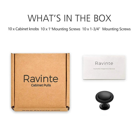 Box with Ravinte logo for 10 Pack 1-1/4 Inch Matte Black Cabinet Knobs and Drawer Pulls, with screws and knob displayed.
