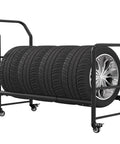 Heavy Duty Rolling Tire Rack With Four Smooth Caster Wheels For Secure Storage And Smooth Hauling Around Home Garages Local Fix Shops, holding four tires on a sturdy steel frame.