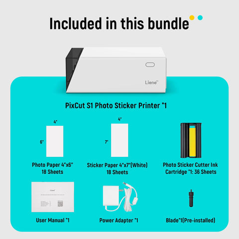 Bundle includes All In One Color Sticker Printer And Cutter For DIY Crafters And Custom Labels And Gifts With Thermal Dye Sublimation 300 DPI And Precise AI Auto Cutting For Home Or Studio Use, photo paper, ink cartridge, and accessories.