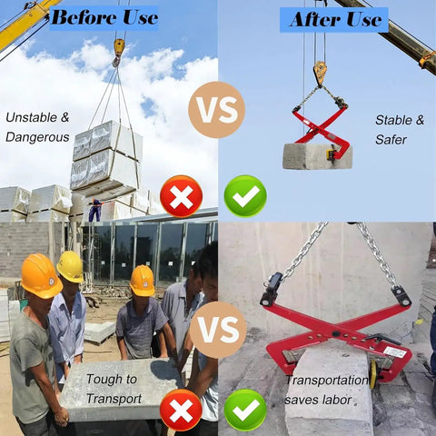 Comparison of Heavy Duty Adjustable Stone Lifting Clamps For Vertical Plate Clamping and Rigging. Before and after using clamps with stone slabs.
