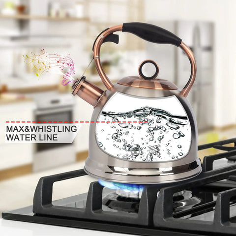 Stainless Steel Whistling Tea Kettle For Stovetop, Food Grade Build With A Thick 5 Layer Bottom For Even Heating, 3 Quart Capacity