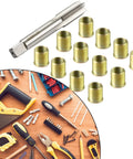 Pro Grade Thread Repair Tool Kit with 25 M14x1.25 Inserts and M16x1.25 Tap, stainless steel and high-speed steel bits on table