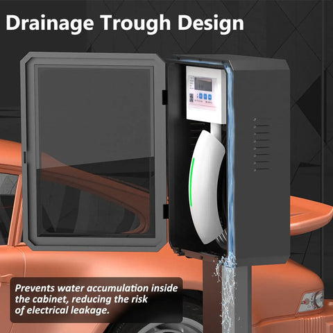 No Nonsense Wall Mount EV Charger Enclosure Locking Heavy Duty Outdoor Electric Vehicle Armor Box with drainage trough design.