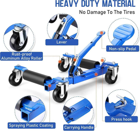 Heavy Duty Car Wheel Dollies With Ratcheting Foot Pedal, 1500 Lb Load Rating, showing non-slip pedal and rust-proof aluminum alloy roller.