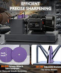 Heavy Duty Bench Sharpener for Mower Blades Has 750W Motor at 1700 RPM, featuring 60-grit ceramic wheel and adjustable brackets.
