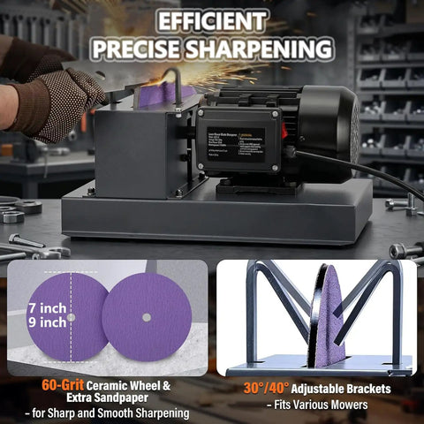 Real Deal Heavy Duty Electric Lawnmower Blade Sharpener Featuring Slick Zirconium Grinding Discs And Tough Copper Motor designed with 7-inch ceramic wheel.