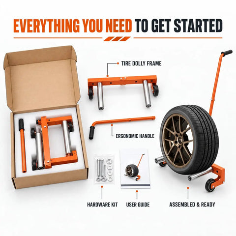 Rock Solid Heavy Duty Steel Tire Dolly With 500 Pound Load Capacity for Trucks and Cars, assembled with tire, handle, and hardware kit.