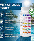 Top Shelf 7 In 1 Pool Spa And Hot Tub Test Strips 150 Count Water Chemistry Kit with waterproof color chart by pool.