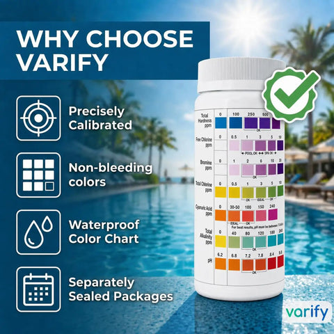 Top Shelf 7 In 1 Pool Spa And Hot Tub Test Strips 150 Count Water Chemistry Kit with waterproof color chart by pool.