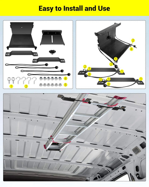 Heavy Duty Van Interior Ladder Storage Holder Overhead Truck Trailer Roof Rack Organizer Space Saving Gear Mount No Sweat Install with installation components