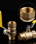Premium Thick Walled Solid Brass Ball Valve Featuring Double Female Threads For Tight Pipe Hookups And Corrosion Free Sealing, 1/2 inch, with yellow handle.