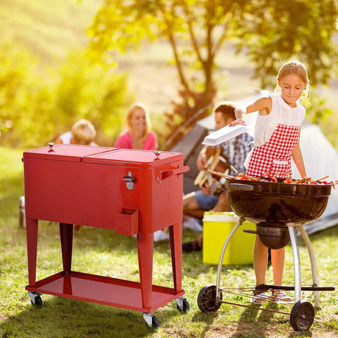 80 Quart Rolling Cooler Cart With Bottle Opener And Catch Tray For Parties And Bar Nights Red Durable Steel at a BBQ