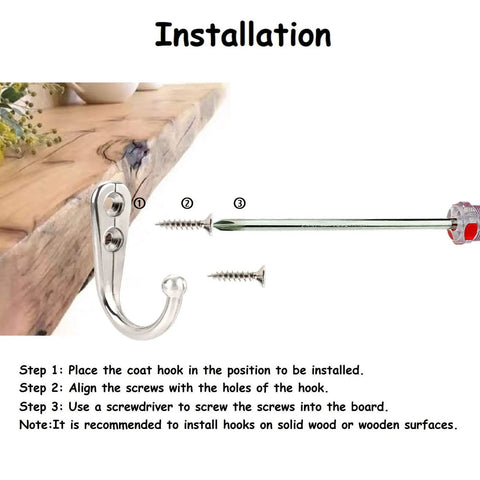 Installation guide showing 12 Pack Chrome Coat Hooks Wall Mount on wood, including screws and screwdriver for setup.
