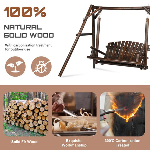 Wooden 2-Seat Porch Swing With A-Frame Stand For Outdoor Patio showing natural solid wood and carbonization process
