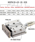 Bad Boy Adjustable Stroke Pneumatic Cylinder With Solid Compact Guide Rod And Three Axis Air Actuator, MGPM 20x20, detailed view with features.