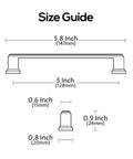 Size guide illustration for Rock Solid Matte Black Cabinet Pulls And Drawer Handles 5 Inch 10 Pack with detailed dimensions.