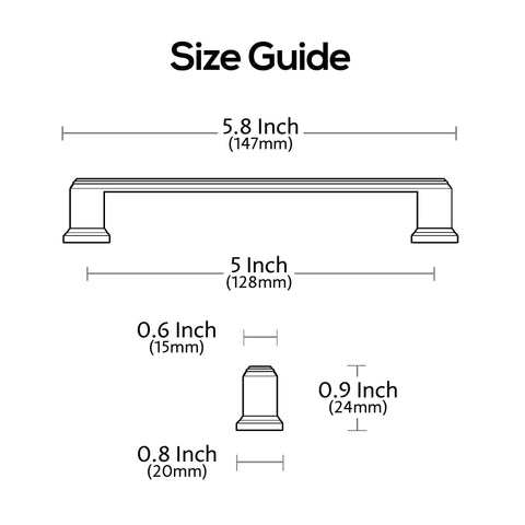 Size guide illustration for Rock Solid Matte Black Cabinet Pulls And Drawer Handles 5 Inch 10 Pack with detailed dimensions.