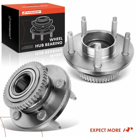 Front Wheel Bearing And Hub Assembly With Abs Ring And Five Lug Pattern Direct Plug And Play Replacement For Ford Mustang 2005 To 2014 against a red box.
