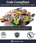 Code compliant ceiling fan design with safety certification logos and a worker in safety gear in a warehouse.