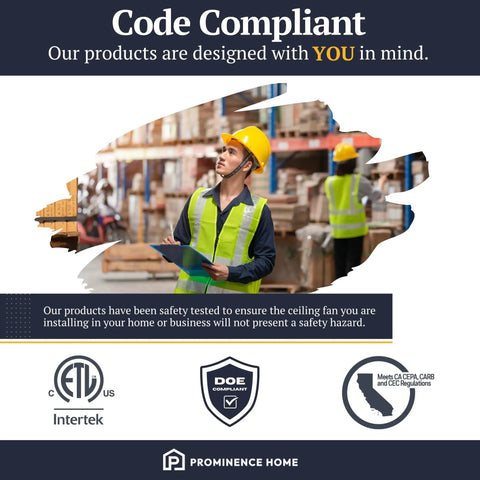 Code compliant ceiling fan design with safety certification logos and a worker in safety gear in a warehouse.