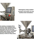 Rugged Automatic Servo Liquid And Paste Filling Machine Slick Stainless Steel Frame with emergency stop switch and pneumatic filling assembly.