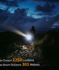 Person using Beastly Rechargeable Flashlight With Ultra Long Throw Of 301 Meters And 2250 Lumens USB C Fast Charging at night