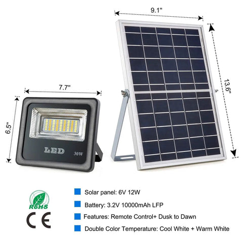 JUDYSSY 30W Led Solar Powered Flood Lights with Remote Control beside solar panel specifications.