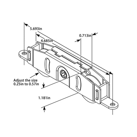 Technical drawing of No Sweat Side Adjustable Tandem Sliding Patio Door Roller With Solid Nylon Wheels dimensions for DIY replacement.