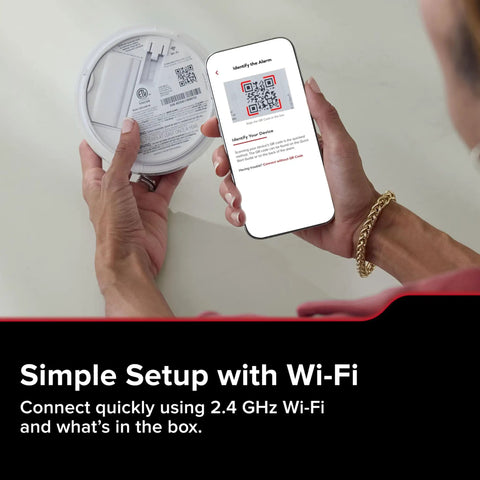 Hardwired Smart Smoke Detector With App Alerts And AA Backup To Halt False Alarms Fast And Keep You Looped In On Dangers Anywhere With Whole Home Linking, showing setup with smartphone and QR code.