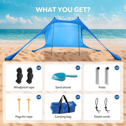 Ultra Portable Beach Tent Canopy With UPF50 Sun Protection set with sandbags, ropes, pegs, poles, and carrying bag on beach