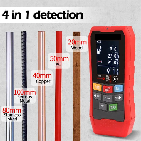 Dead On Precise 4 In 1 Stud Finder Wall Scanner showing detection of wood, copper, AC, and ferrous metal with display.