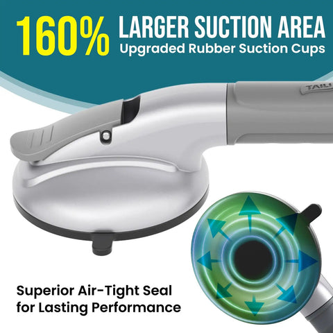 Rock Solid Shower Grab Bars With Grippy Suction Handles No Drill Bathroom Safety Rails Hold Up To 330 Lbs Upgraded Senior Assist Silver Two Pack Easy Install - close-up of larger suction area and rubber suction cups.