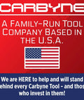 Carbyne logo and US flag, text: A family-run tool company based in the U.S.A., support message at bottom.