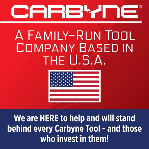Carbyne logo and US flag, text: A family-run tool company based in the U.S.A., support message at bottom.