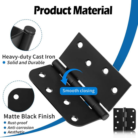 Badass Black Matte Iron Door Hinges Four Inch Square Corner Five Eighth Radius Removable Pin Design showing heavy-duty cast iron and smooth closing mechanism.