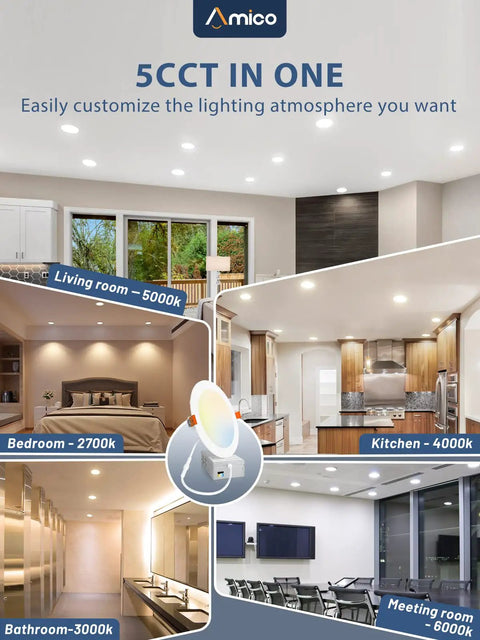 Six Pack 4 Inch Ultra Thin LED Recessed Ceiling Light With Junction Box 5 CCT Selectable in various home settings