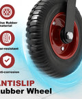 Close-up of 8 Inch Gate Wheel Heavy Duty Gate Caster For Farm And Metal Swing Gates Fits One And Three Eighths To Two Inch Gate Frames Prevents Gate Drag On Chain Link And Sliding Gates With 330 Lb Capacity And Durable Rubber Tire On Steel Plate With Galvanized