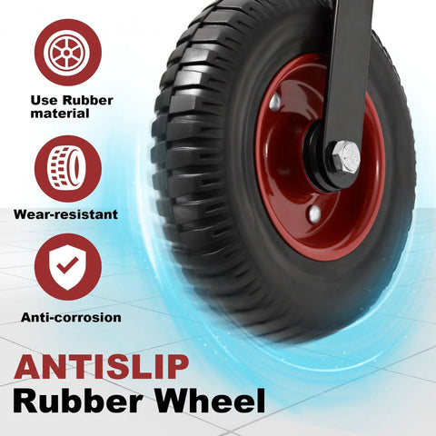 Close-up of 8 Inch Gate Wheel Heavy Duty Gate Caster For Farm And Metal Swing Gates Fits One And Three Eighths To Two Inch Gate Frames Prevents Gate Drag On Chain Link And Sliding Gates With 330 Lb Capacity And Durable Rubber Tire On Steel Plate With Galvanized