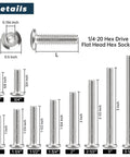 1/4 20 X 3/4 Inch Tough As Nails Furniture Connector Bolts And Barrel Nuts Kit With 304 Stainless Steel Hex Key Spanner showing various bolt lengths.
