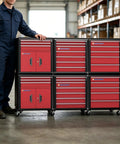 Heavy Duty Seven Drawer Rolling Tool Chest With Lockable Drawers And Waterproof Top Red Mobile Workshop Cabinet in garage.