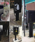Tough As Nails EV Charger Lock Box With Key, heavy duty black steel cover attached to electric vehicle charging pole outdoors.