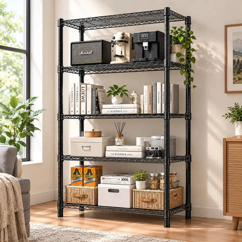Heavy Duty Steel Wire Shelving Unit Black Metal Storage Rack Built Tough For Garage Warehouse Kitchen Pantry Office Laundry Room Multi Tier Stress Free Setup Game Changer with books and plants.