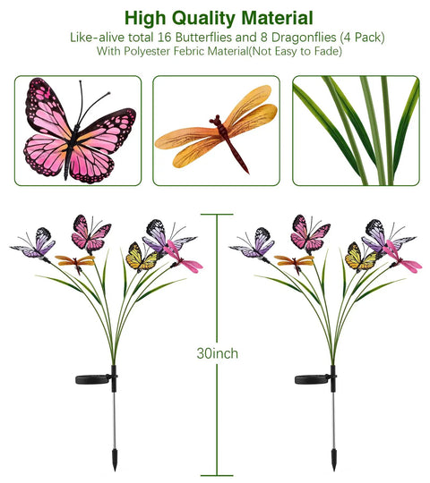 Solar Powered Butterfly Garden Stake Lights Two Pack Outdoor Decor with image of butterfly and dragonfly detail, 30 inch height.