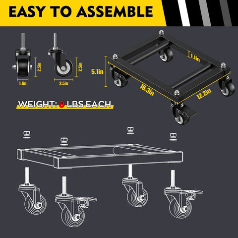 Heavy Duty Car Dolly Set Of Four Rock Solid 6000 Lbs Wheel Dollies With Parallel Tube Grip No Sweat Garage Vehicle Mover For Trucks Suvs And Bikes Secure Rollin Transport Rig dimensions and assembly details.