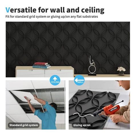 Interlocking Circles 3D Wall Panel in Matte Black for Walls and Ceilings Waterproof and Fire Resistant Lightweight DIY Accent