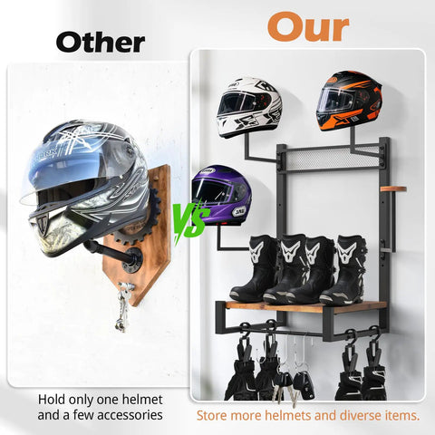 Heavy Duty Motorcycle Helmet Holder Wall Mount showing comparison: single helmet holder vs multi-helmet storage, durable timber rack.